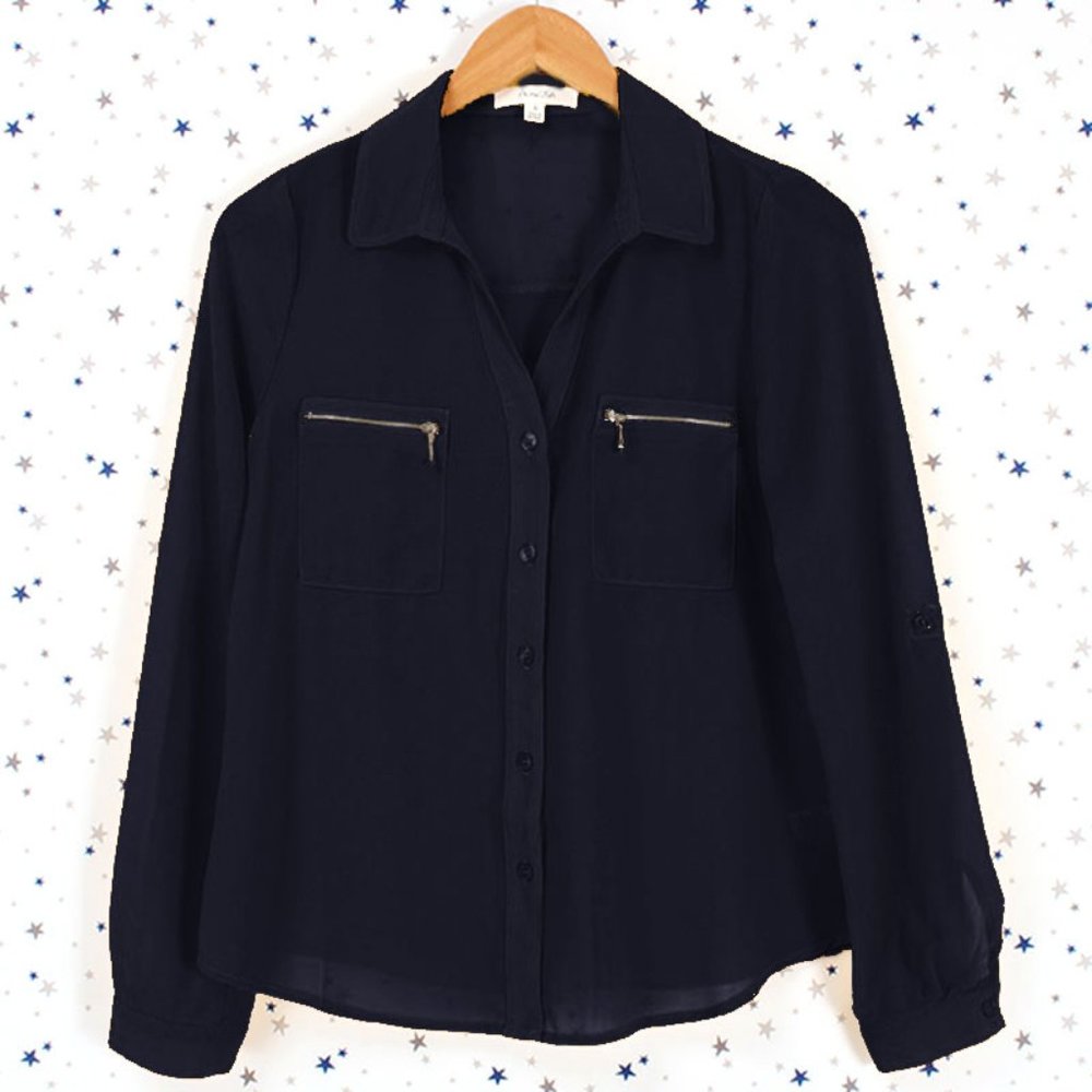 Zipper Pocket Button Up Blouse Top Navy